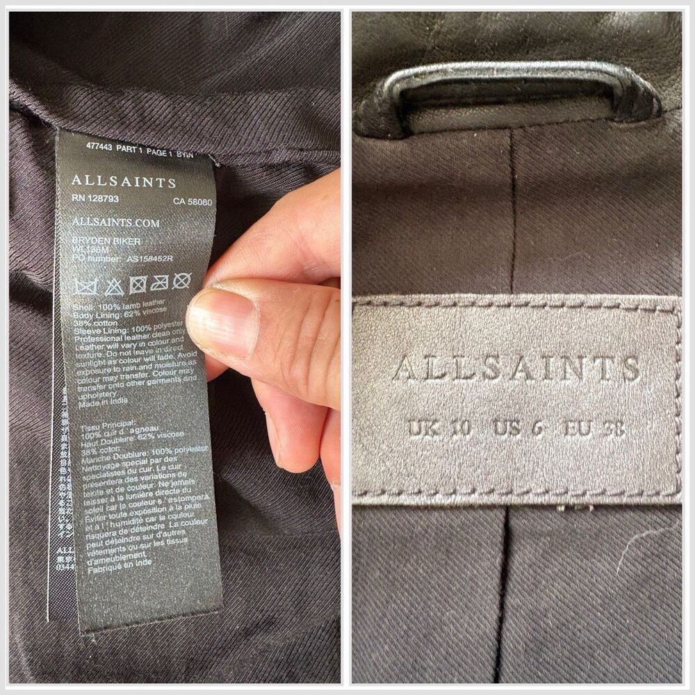 AllSaints Women’s Black Bryden Biker moto jacket Lamb Leather Sz UK 10 US 6 EU38 - Picture 8 of 8